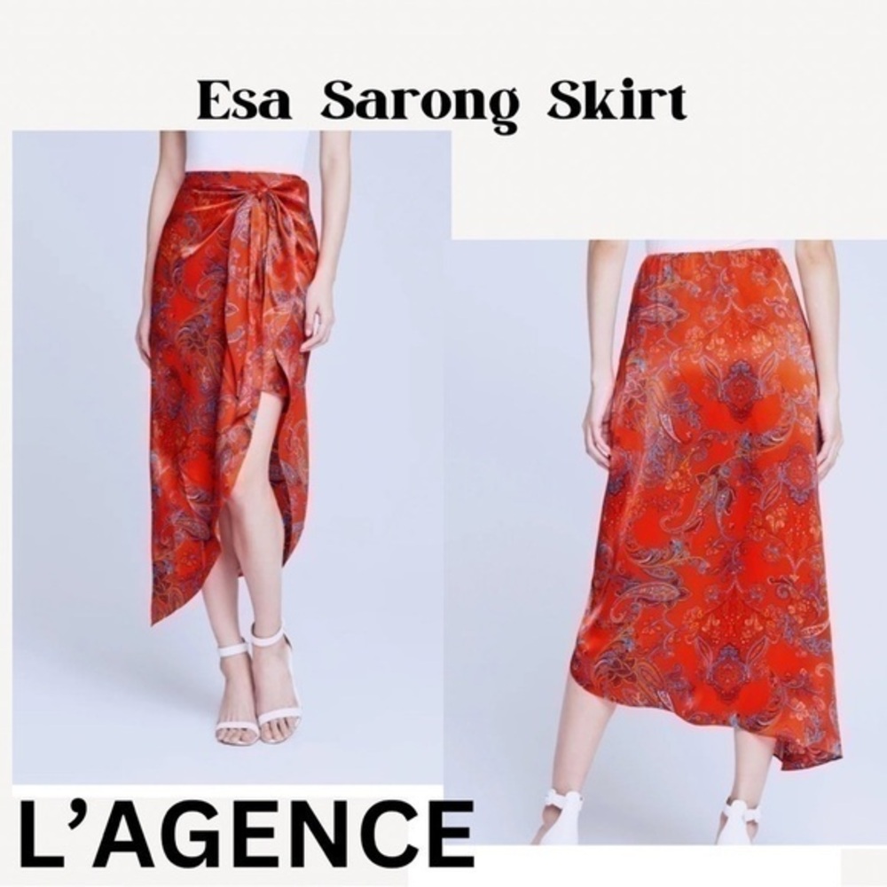 L'AGENCE Esa Sarong Skirt Silk Fire Red Print‎ sz Large